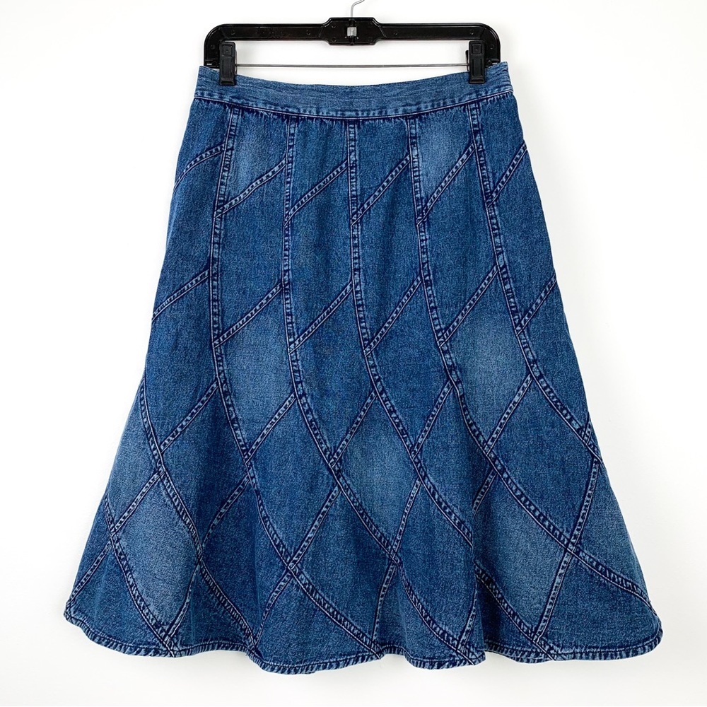 90s denim patchwork A-line vintage midi skirt by Studio West, 100% cotton, small